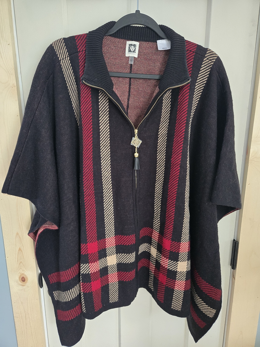 Anne Klein Black Zip-Front Sweater Poncho with Red and Beige Stripes